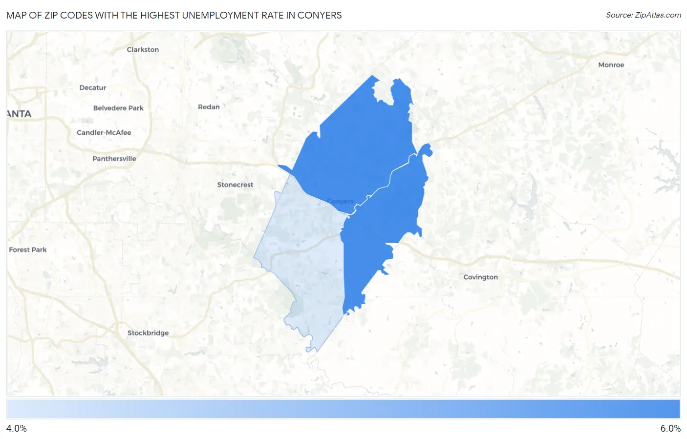 Zip Codes with the Highest Unemployment Rate in Conyers Map