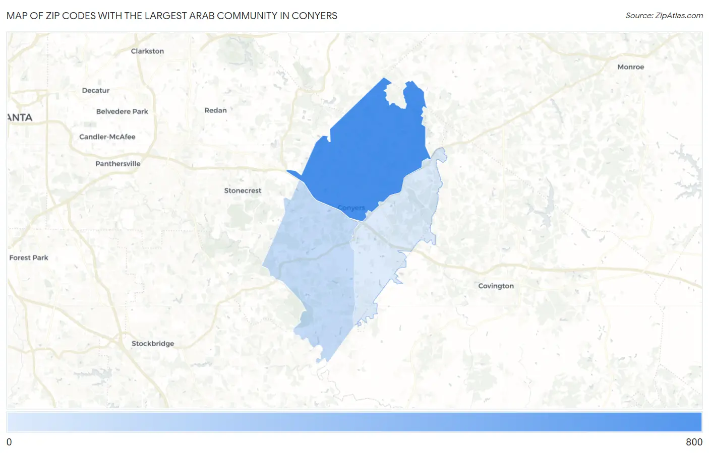 Zip Codes with the Largest Arab Community in Conyers Map