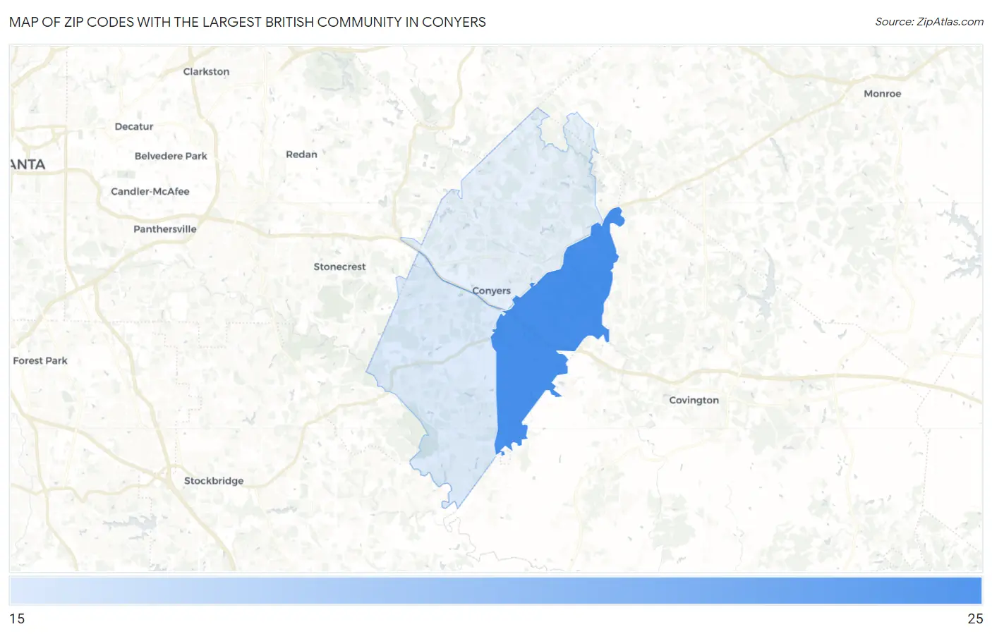 Zip Codes with the Largest British Community in Conyers Map