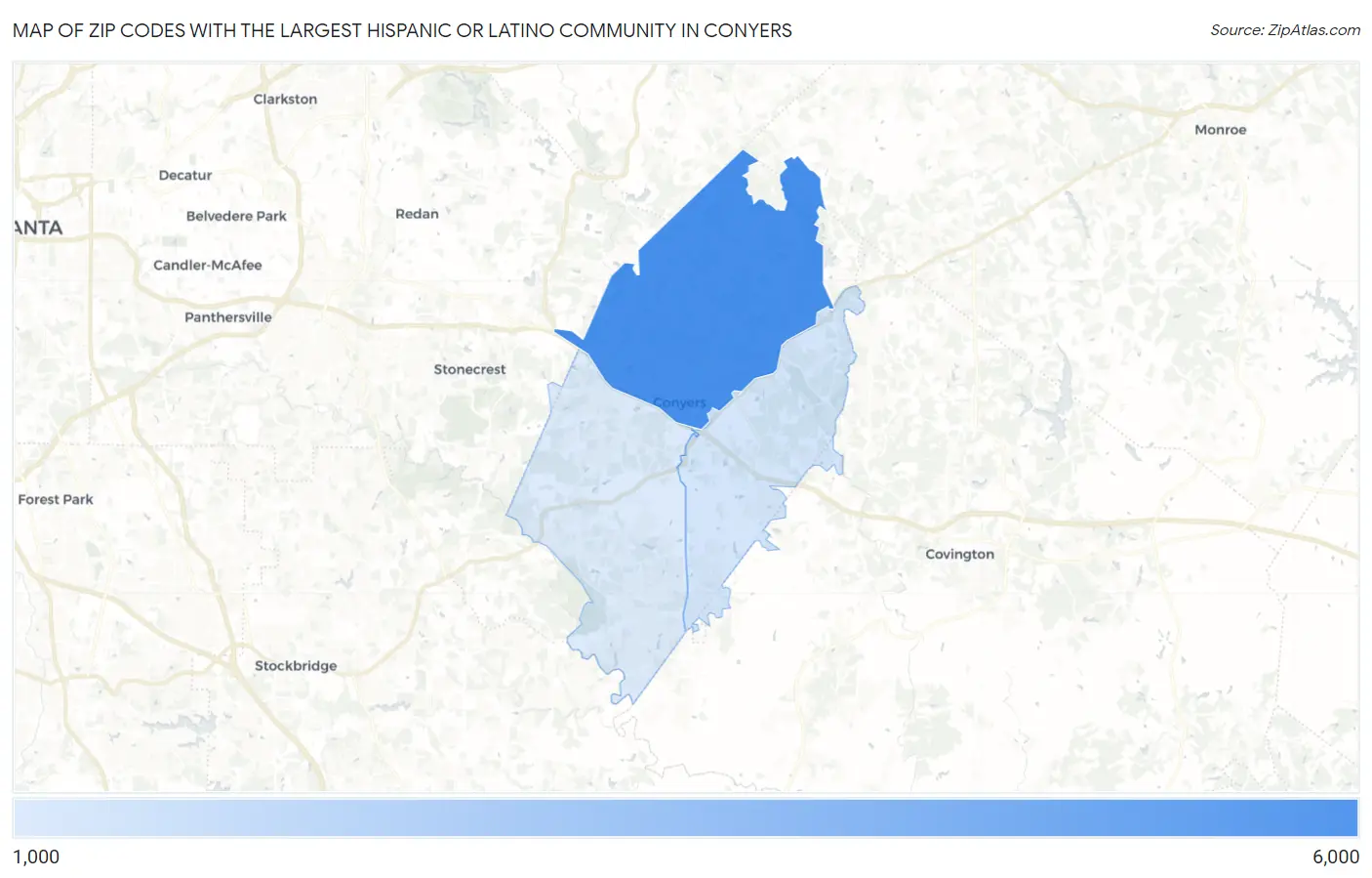 Zip Codes with the Largest Hispanic or Latino Community in Conyers Map