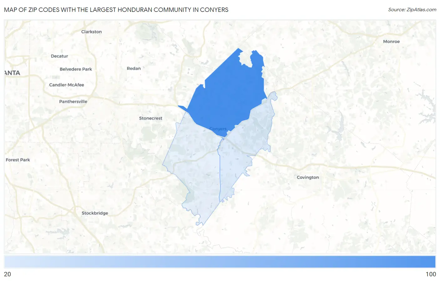 Zip Codes with the Largest Honduran Community in Conyers Map