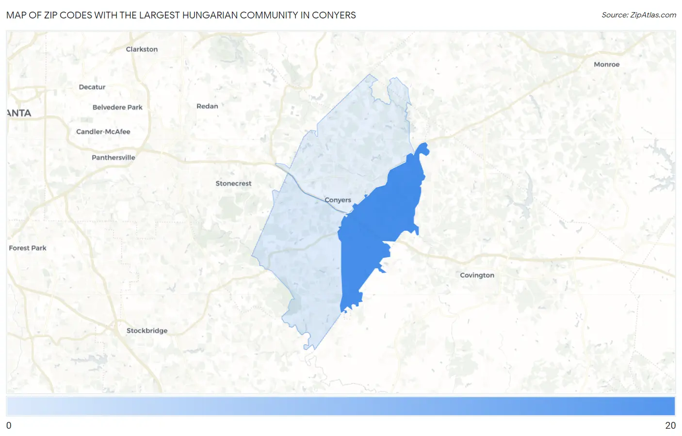 Zip Codes with the Largest Hungarian Community in Conyers Map