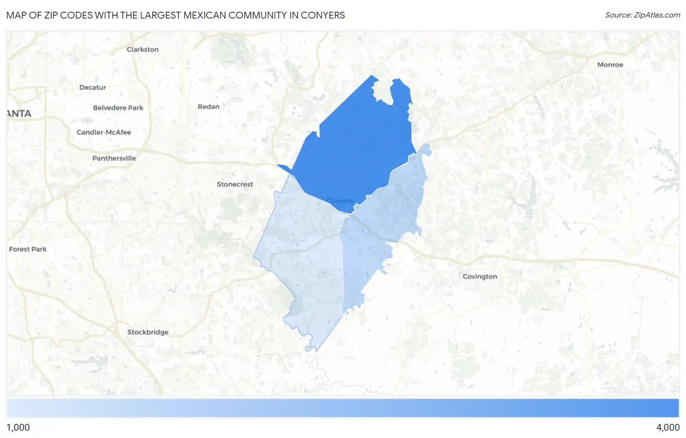 Zip Codes with the Largest Mexican Community in Conyers Map