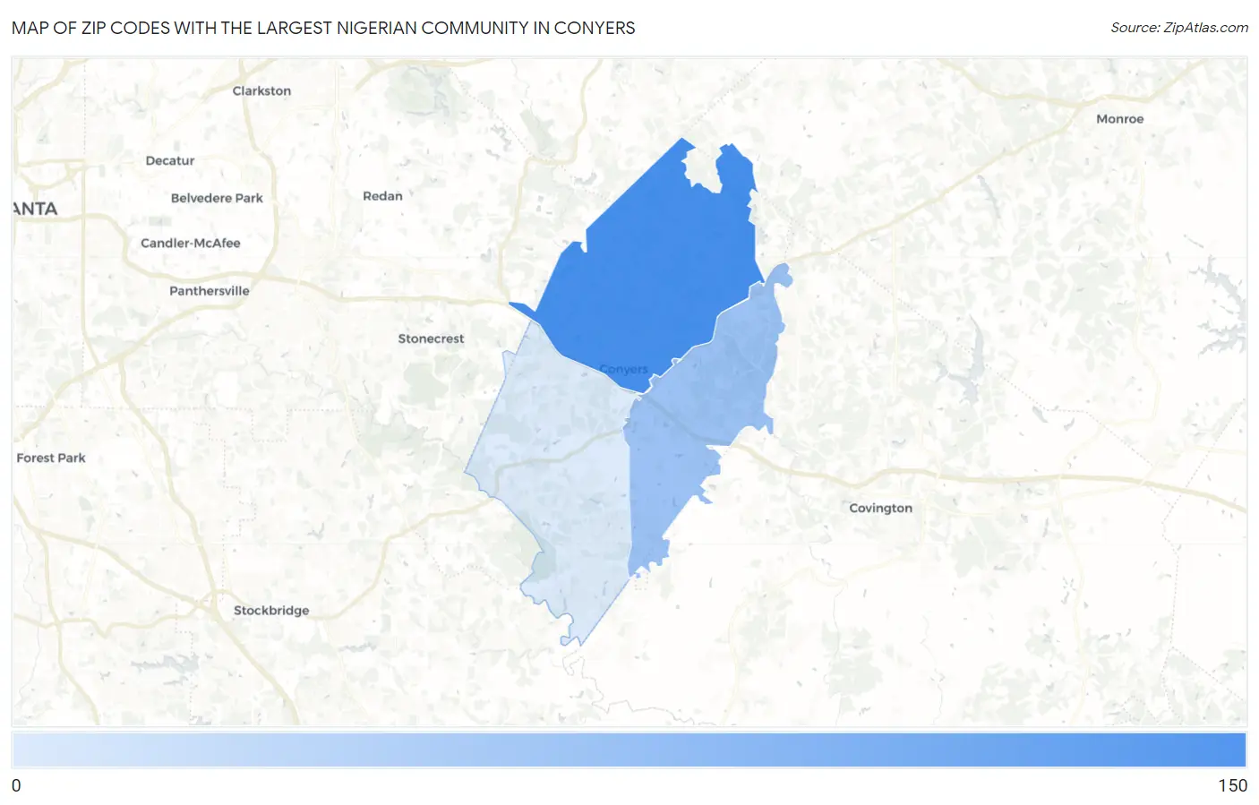 Zip Codes with the Largest Nigerian Community in Conyers Map