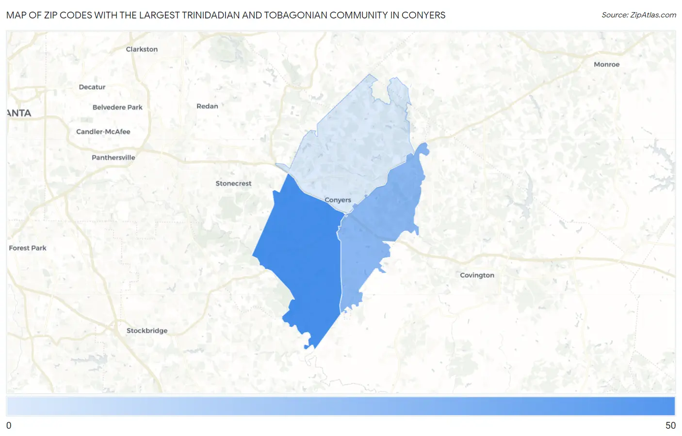Zip Codes with the Largest Trinidadian and Tobagonian Community in Conyers Map
