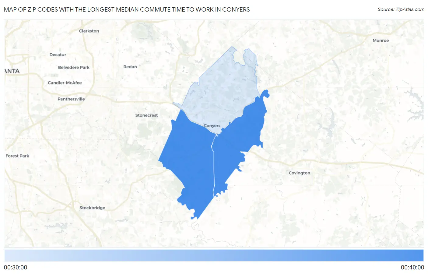 Zip Codes with the Longest Median Commute Time to Work in Conyers Map