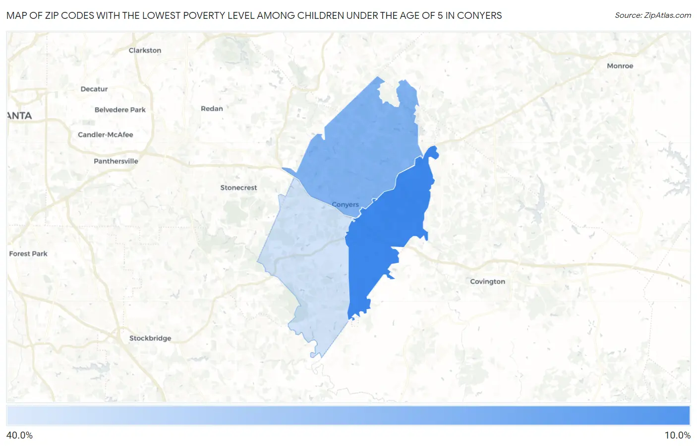 Zip Codes with the Lowest Poverty Level Among Children Under the Age of 5 in Conyers Map