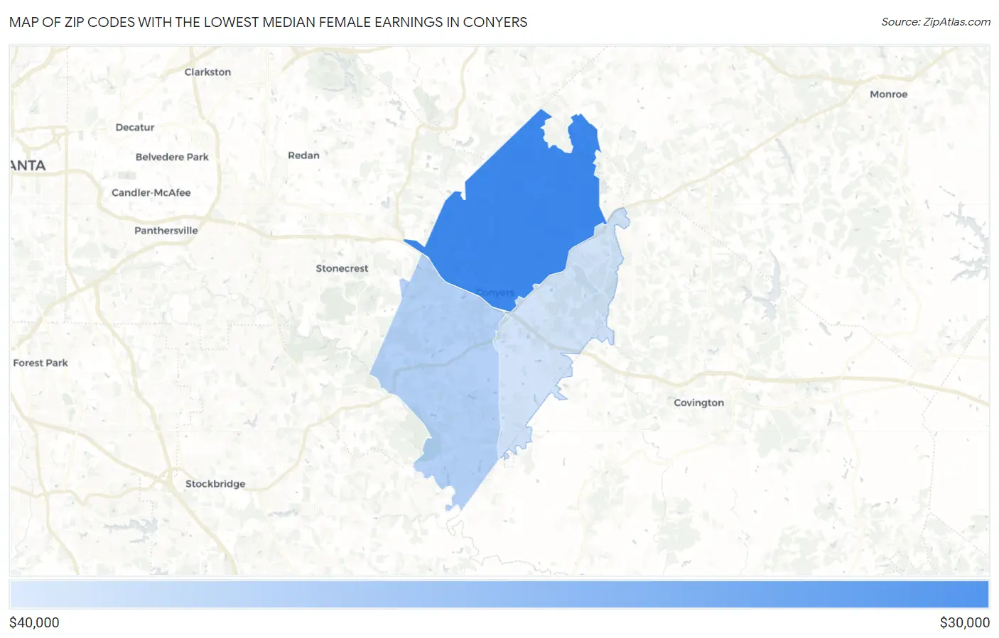 Zip Codes with the Lowest Median Female Earnings in Conyers Map