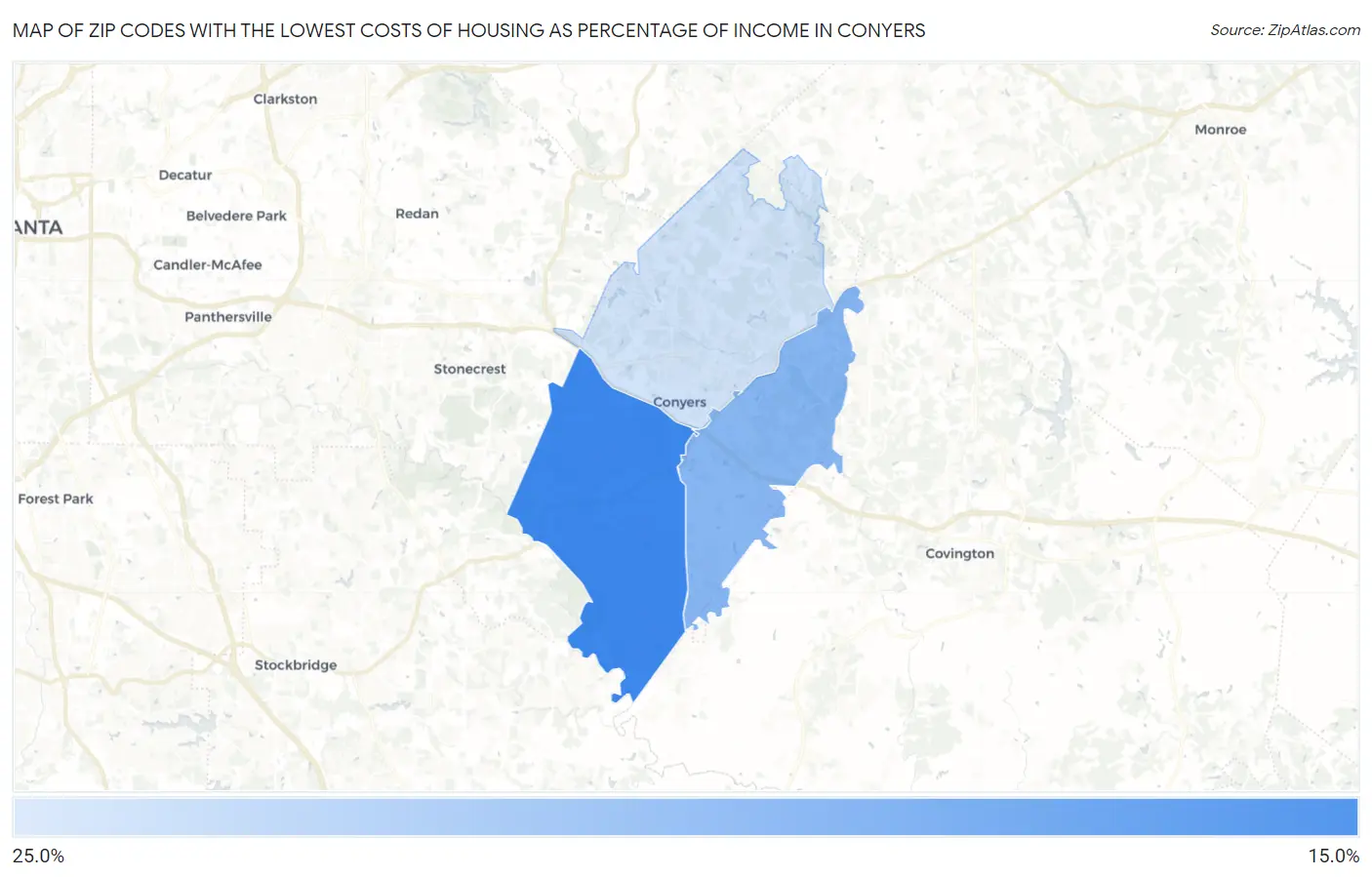 Zip Codes with the Lowest Costs of Housing as Percentage of Income in Conyers Map