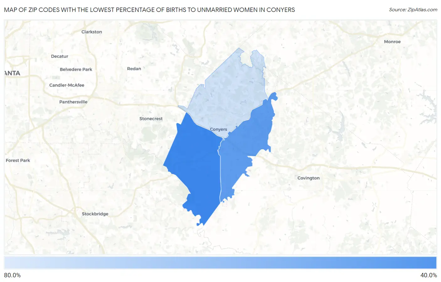 Zip Codes with the Lowest Percentage of Births to Unmarried Women in Conyers Map