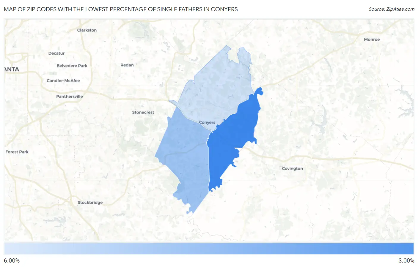Zip Codes with the Lowest Percentage of Single Fathers in Conyers Map