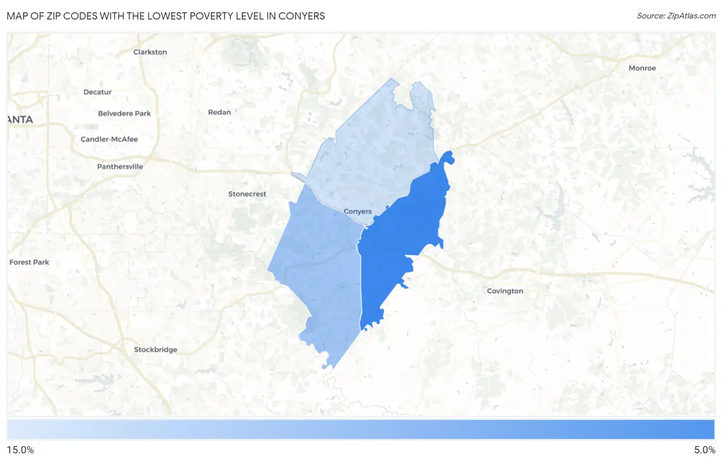 Zip Codes with the Lowest Poverty Level in Conyers Map