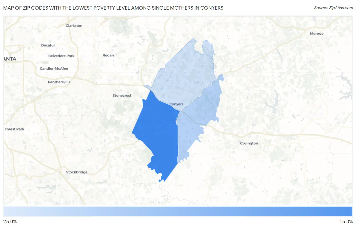 Zip Codes with the Lowest Poverty Level Among Single Mothers in Conyers Map