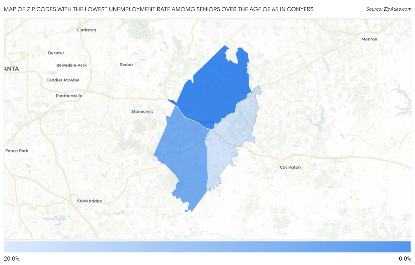 Zip Codes with the Lowest Unemployment Rate Amomg Seniors Over the Age of 65 in Conyers Map