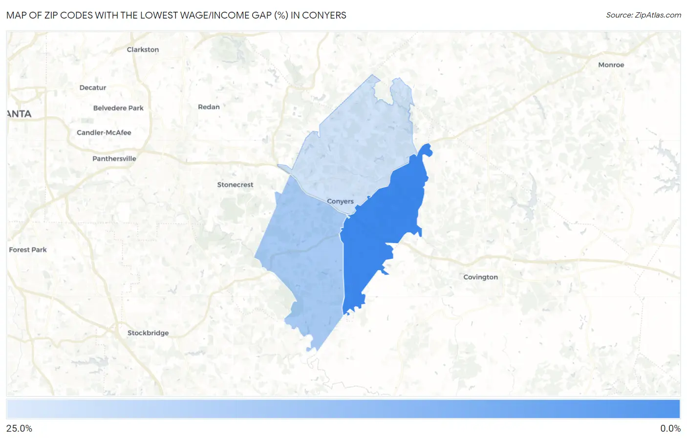 Zip Codes with the Lowest Wage/Income Gap (%) in Conyers Map