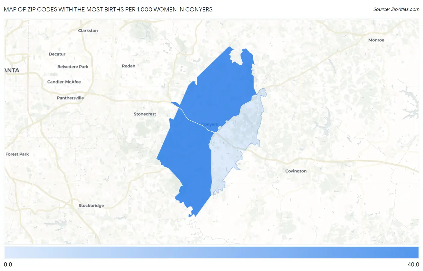 Zip Codes with the Most Births per 1,000 Women in Conyers Map