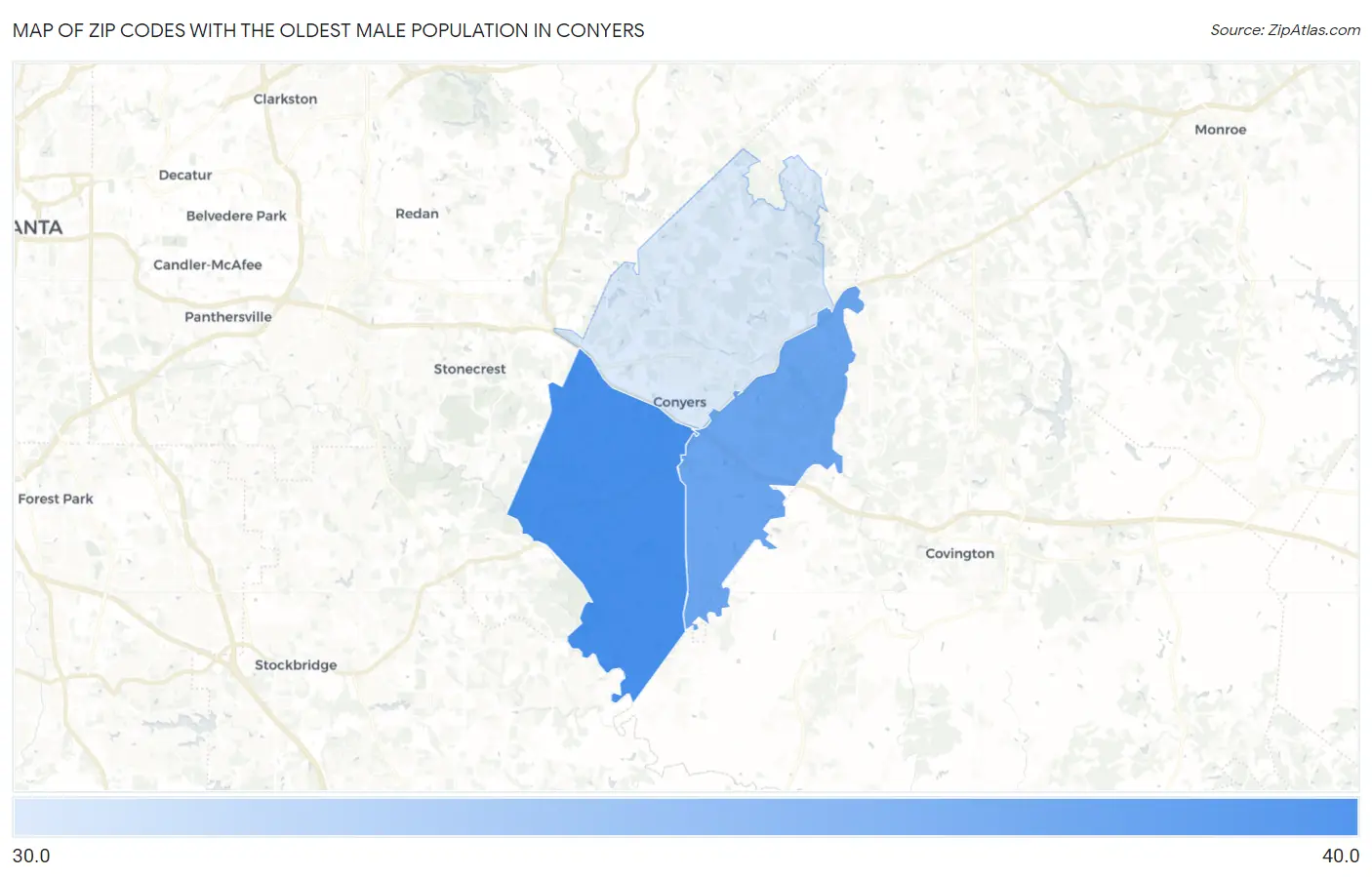 Zip Codes with the Oldest Male Population in Conyers Map
