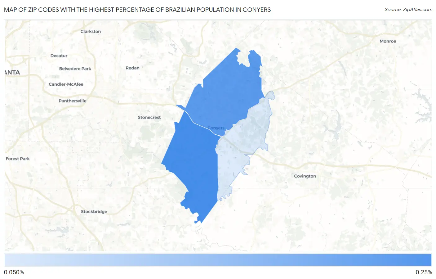 Zip Codes with the Highest Percentage of Brazilian Population in Conyers Map