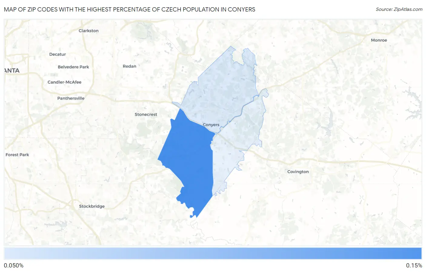 Zip Codes with the Highest Percentage of Czech Population in Conyers Map