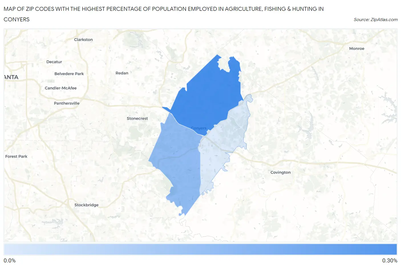 Zip Codes with the Highest Percentage of Population Employed in Agriculture, Fishing & Hunting in Conyers Map