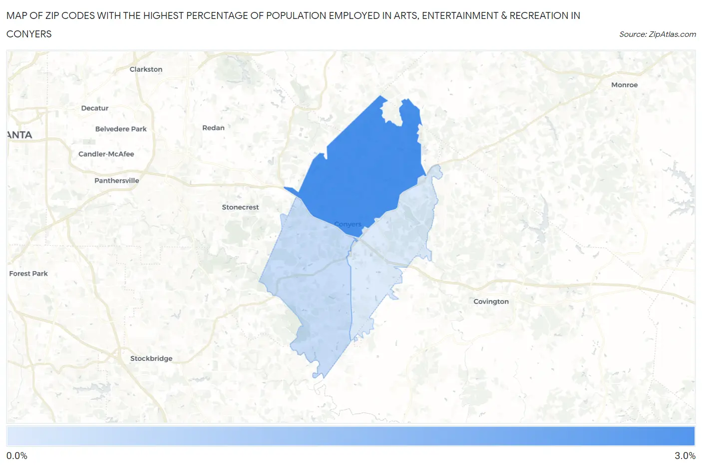 Zip Codes with the Highest Percentage of Population Employed in Arts, Entertainment & Recreation in Conyers Map