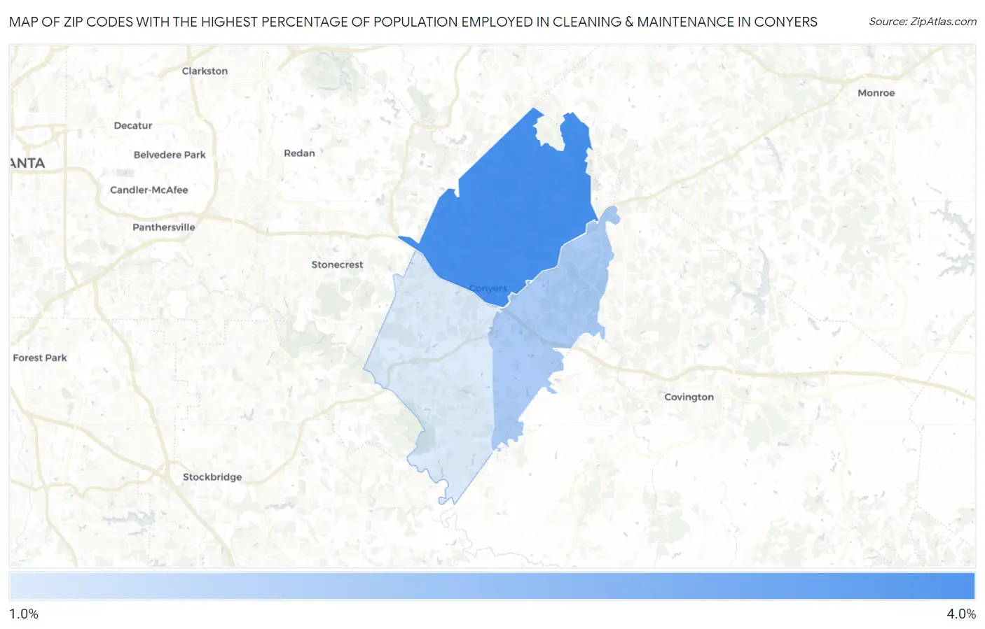 Zip Codes with the Highest Percentage of Population Employed in Cleaning & Maintenance in Conyers Map