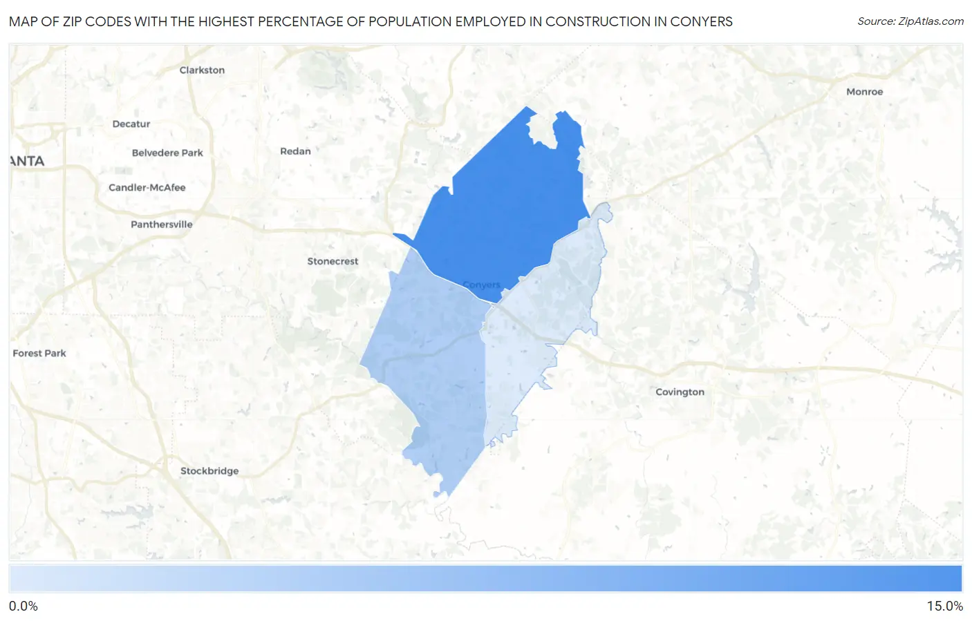 Zip Codes with the Highest Percentage of Population Employed in Construction in Conyers Map
