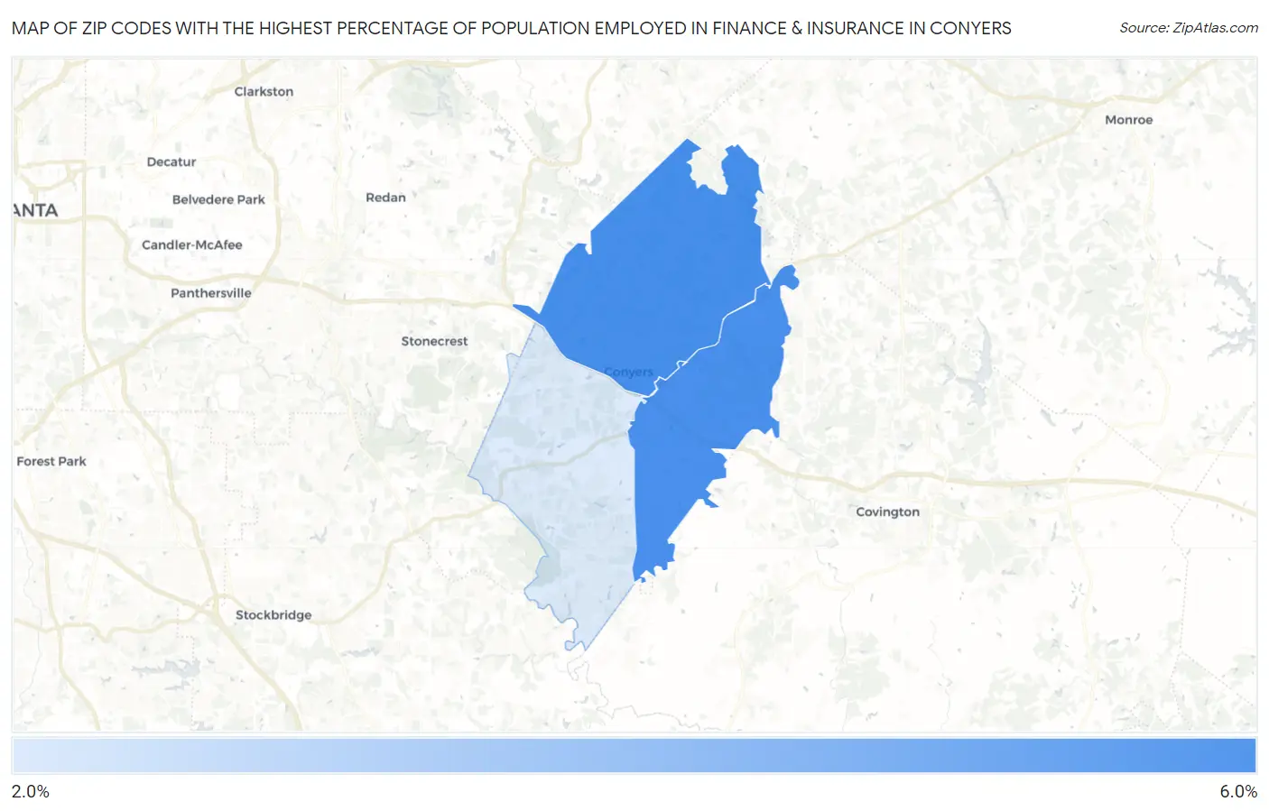 Zip Codes with the Highest Percentage of Population Employed in Finance & Insurance in Conyers Map