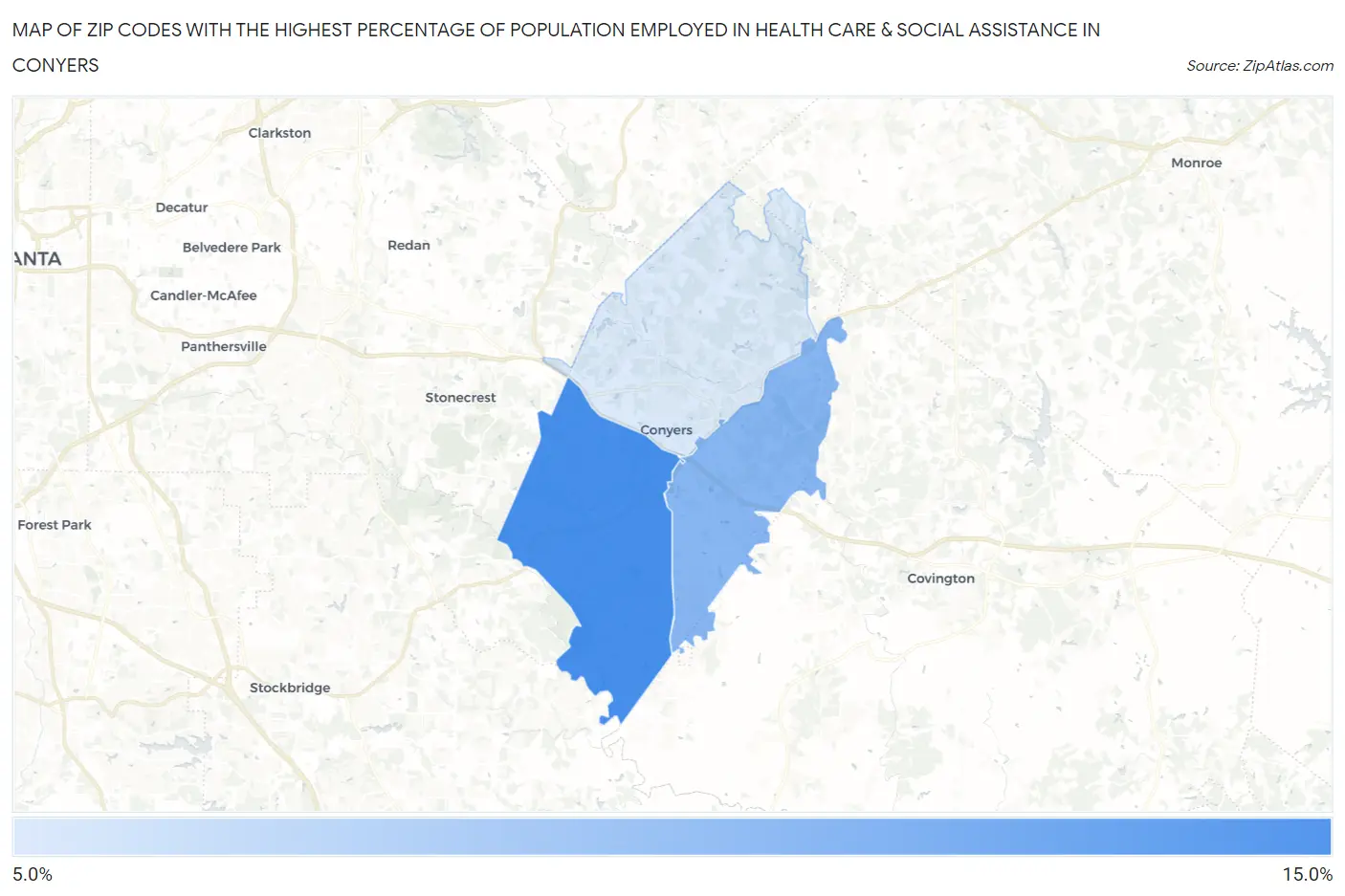 Zip Codes with the Highest Percentage of Population Employed in Health Care & Social Assistance in Conyers Map