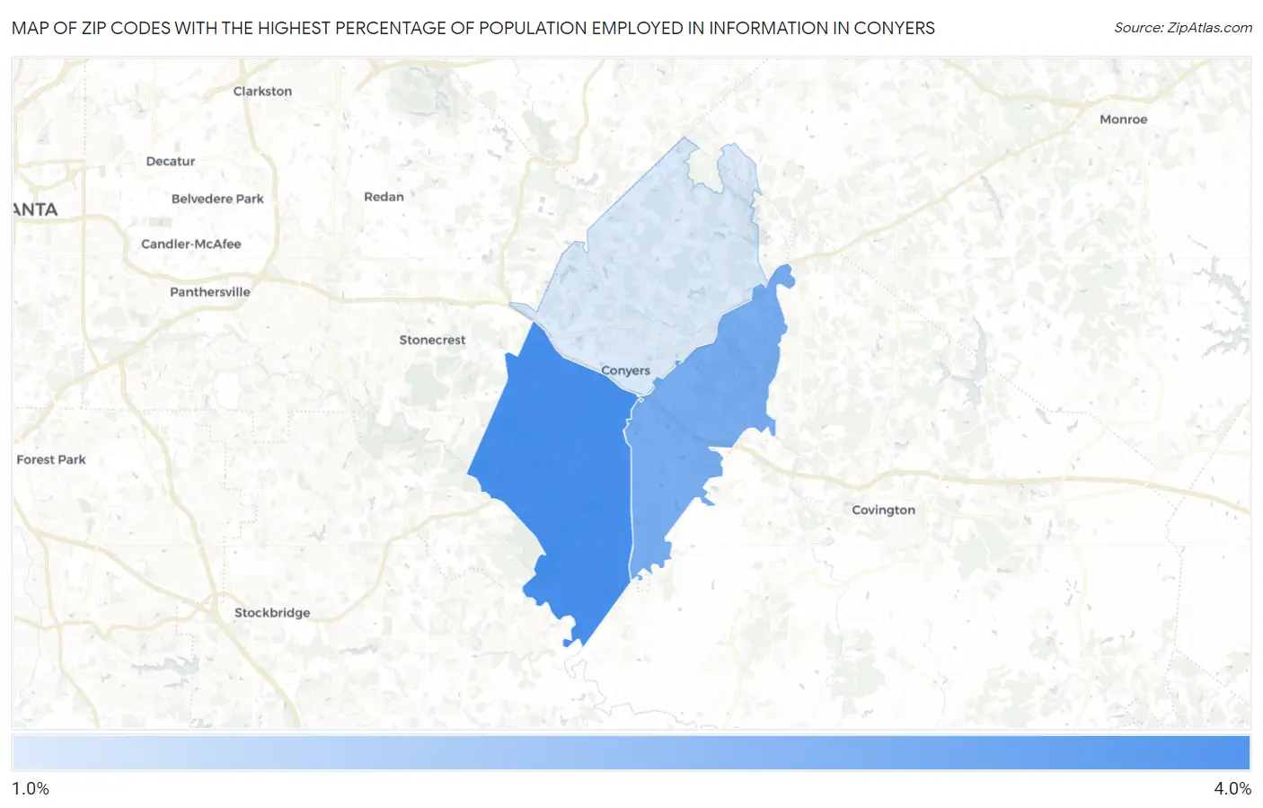 Zip Codes with the Highest Percentage of Population Employed in Information in Conyers Map