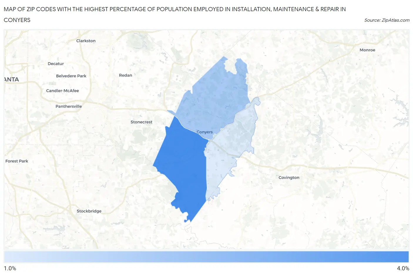 Zip Codes with the Highest Percentage of Population Employed in Installation, Maintenance & Repair in Conyers Map