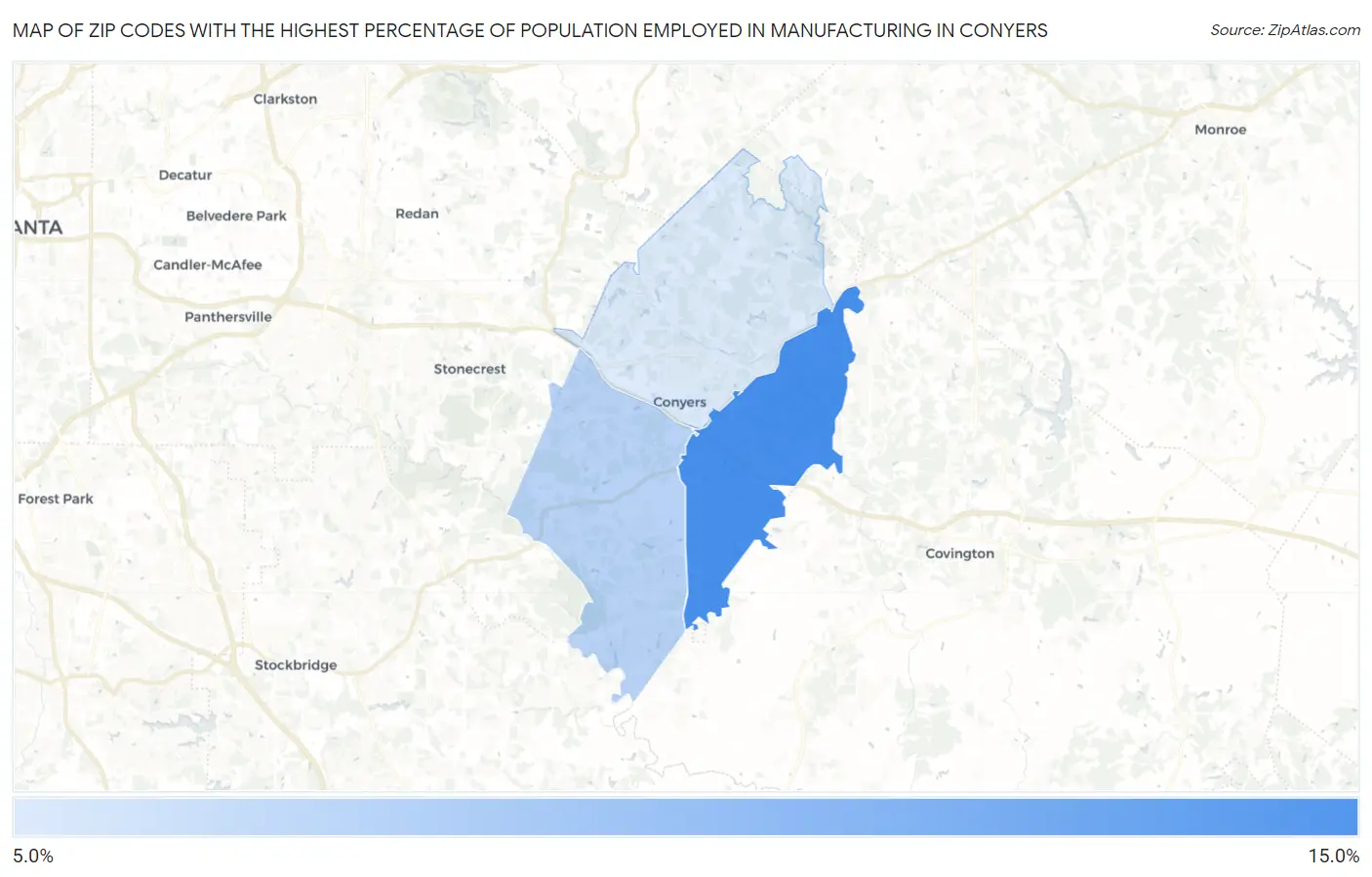 Zip Codes with the Highest Percentage of Population Employed in Manufacturing in Conyers Map
