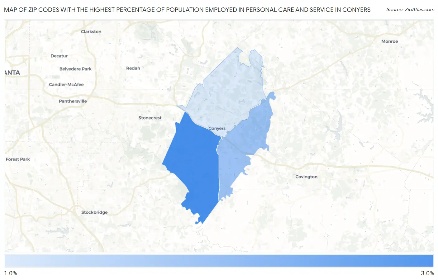 Zip Codes with the Highest Percentage of Population Employed in Personal Care and Service in Conyers Map