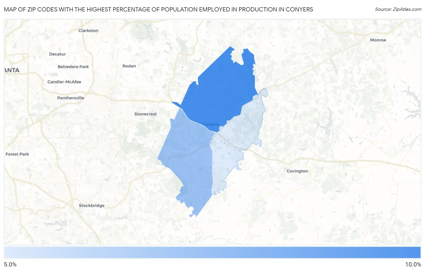 Zip Codes with the Highest Percentage of Population Employed in Production in Conyers Map