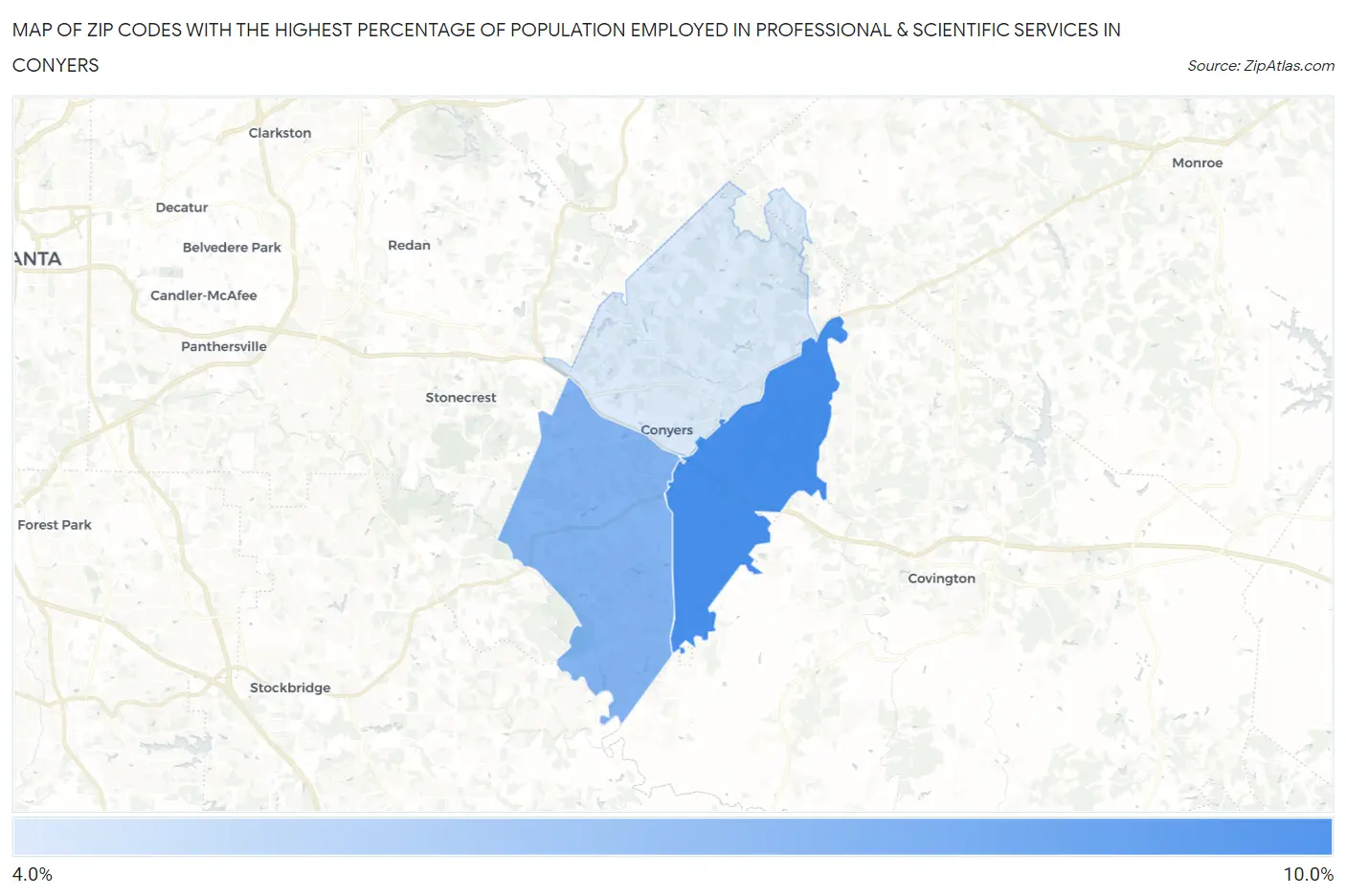 Zip Codes with the Highest Percentage of Population Employed in Professional & Scientific Services in Conyers Map