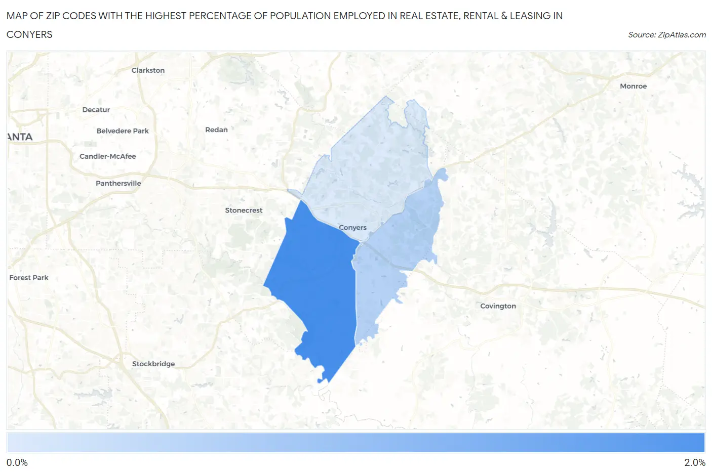 Zip Codes with the Highest Percentage of Population Employed in Real Estate, Rental & Leasing in Conyers Map