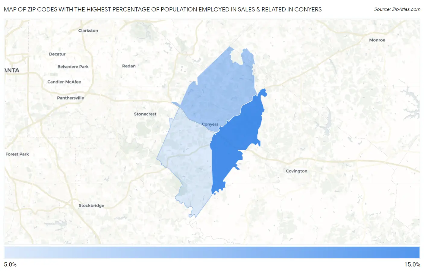 Zip Codes with the Highest Percentage of Population Employed in Sales & Related in Conyers Map