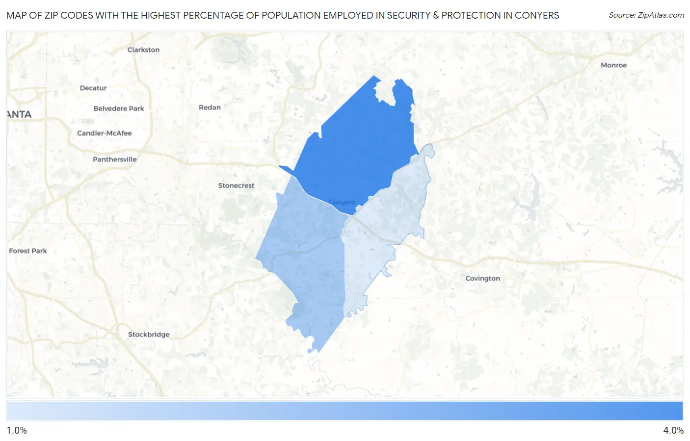 Zip Codes with the Highest Percentage of Population Employed in Security & Protection in Conyers Map