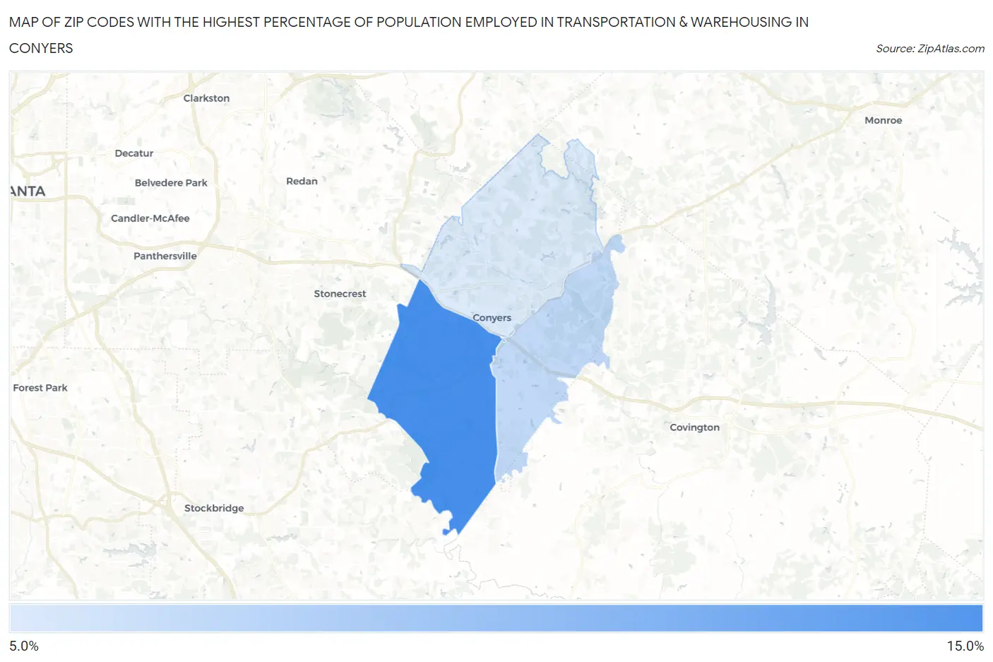 Zip Codes with the Highest Percentage of Population Employed in Transportation & Warehousing in Conyers Map