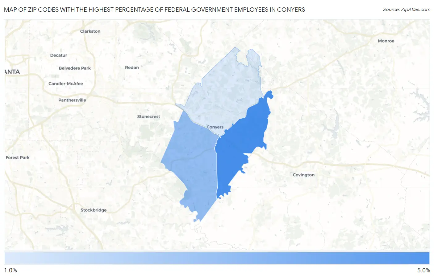 Zip Codes with the Highest Percentage of Federal Government Employees in Conyers Map