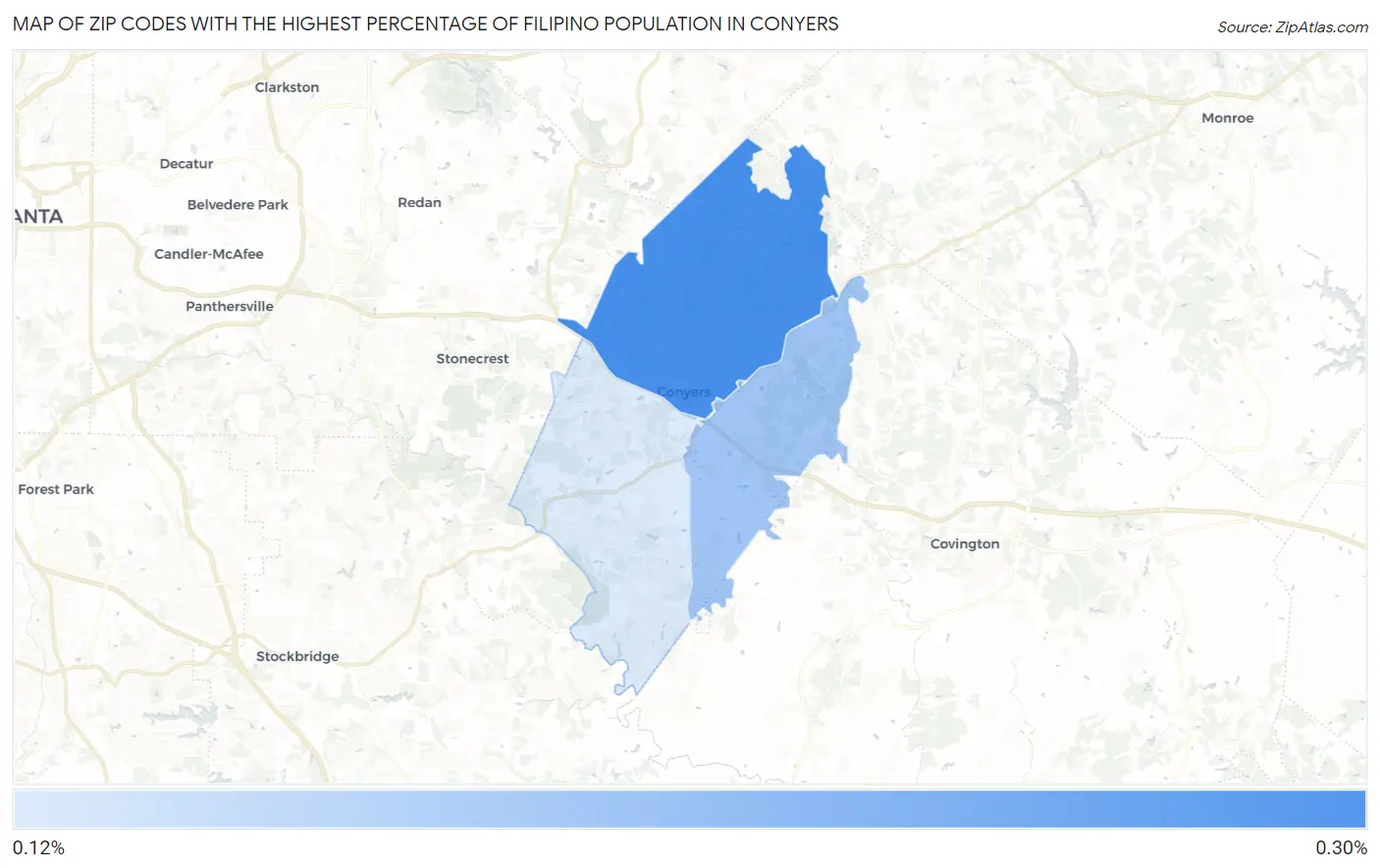 Zip Codes with the Highest Percentage of Filipino Population in Conyers Map