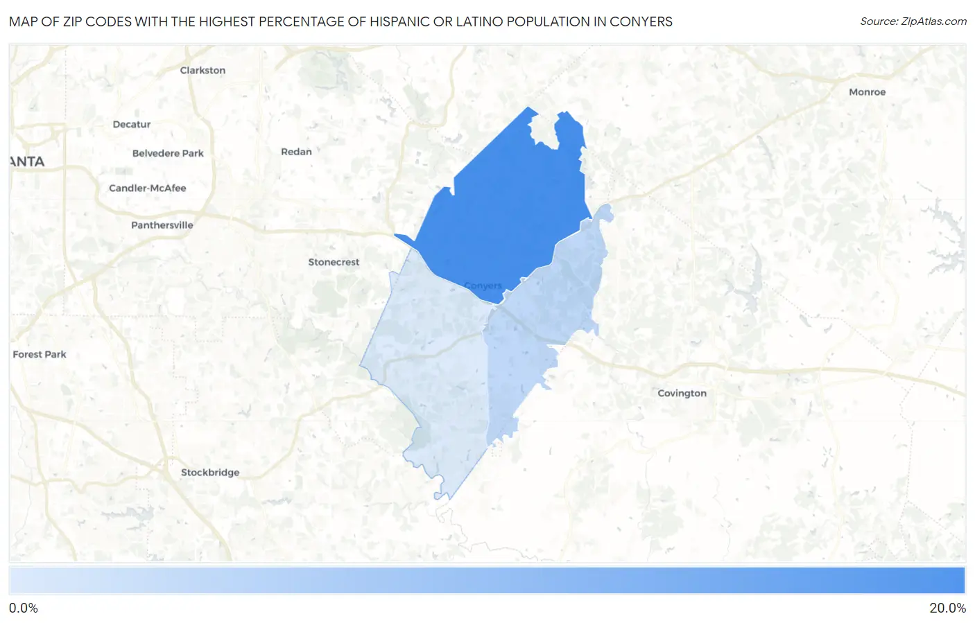 Zip Codes with the Highest Percentage of Hispanic or Latino Population in Conyers Map