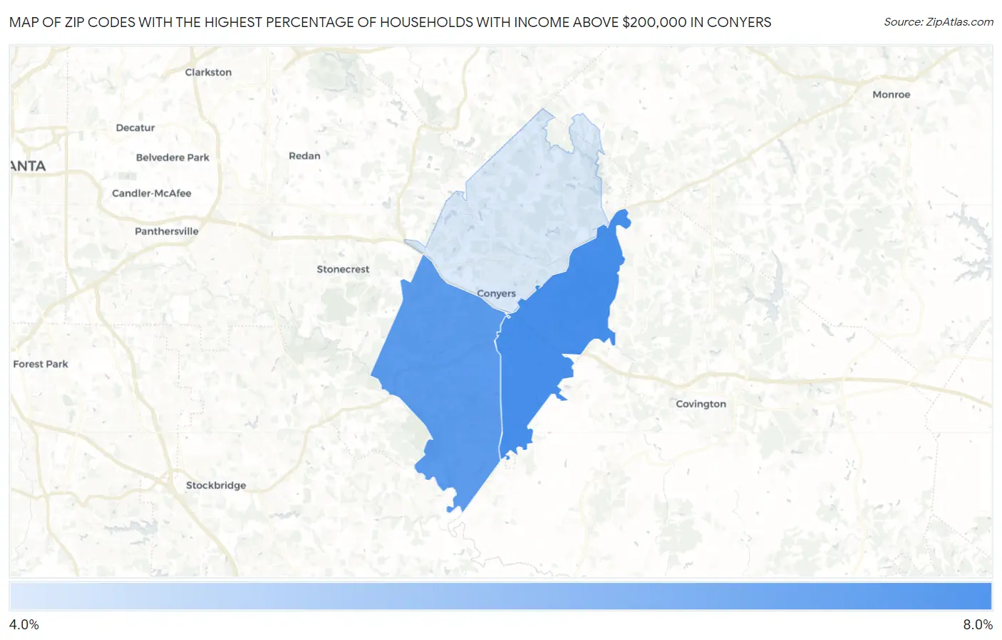 Zip Codes with the Highest Percentage of Households with Income Above $200,000 in Conyers Map