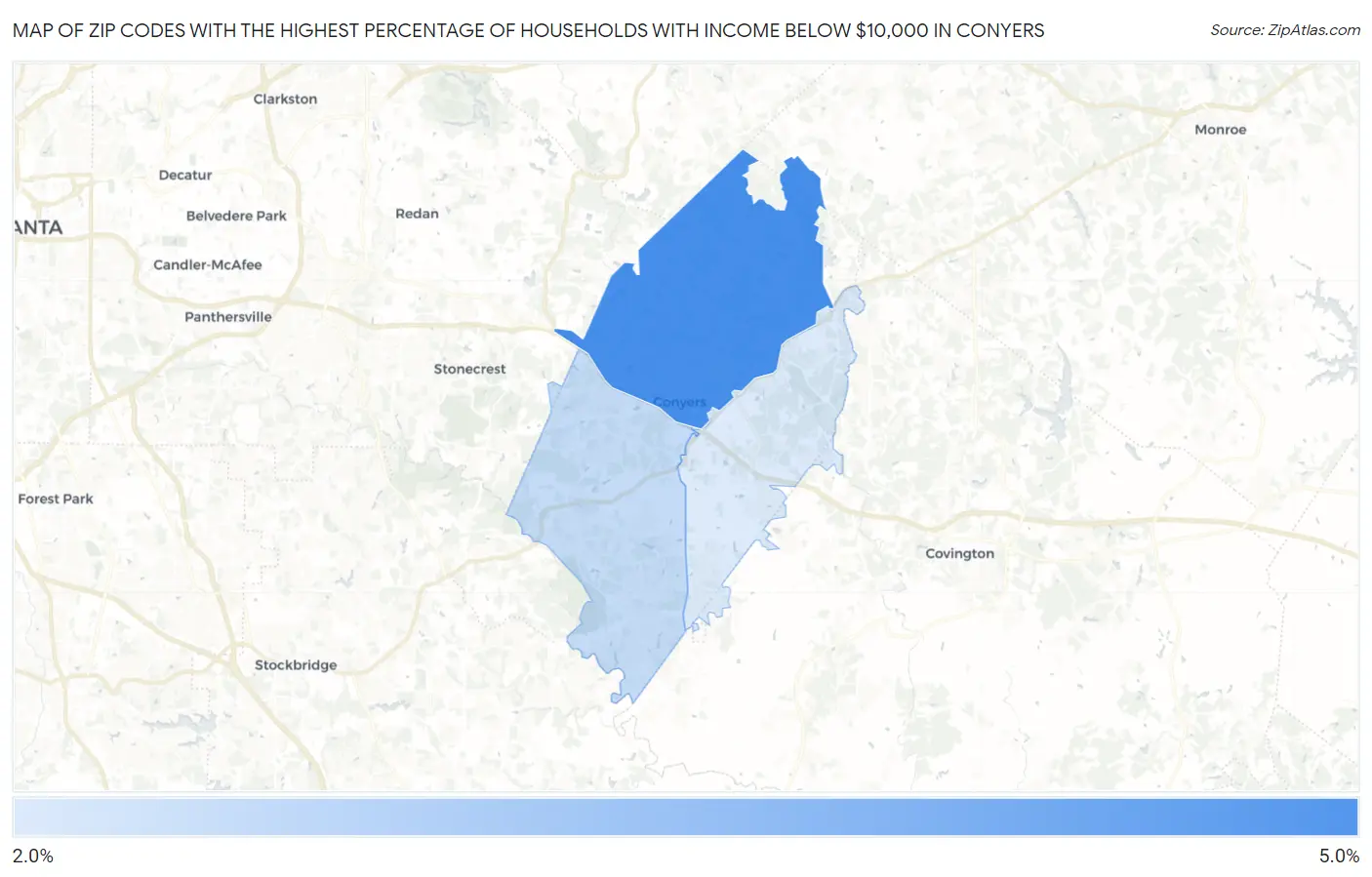 Zip Codes with the Highest Percentage of Households with Income Below $10,000 in Conyers Map