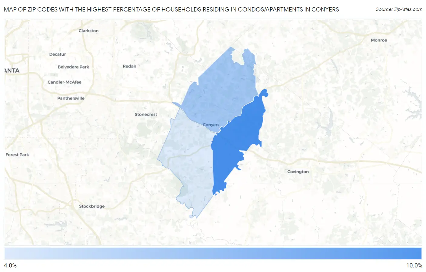 Zip Codes with the Highest Percentage of Households Residing in Condos/Apartments in Conyers Map