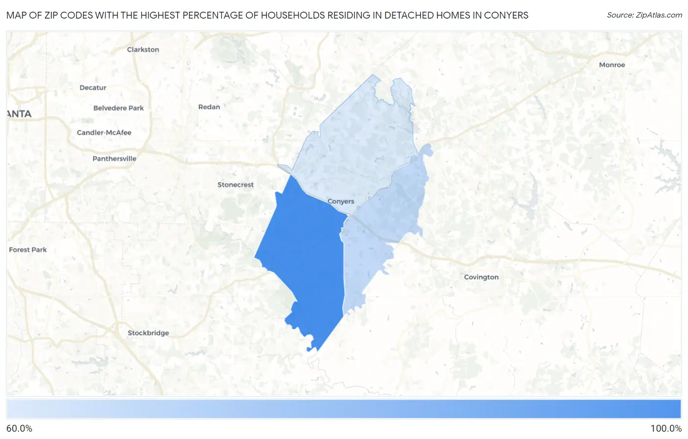 Zip Codes with the Highest Percentage of Households Residing in Detached Homes in Conyers Map
