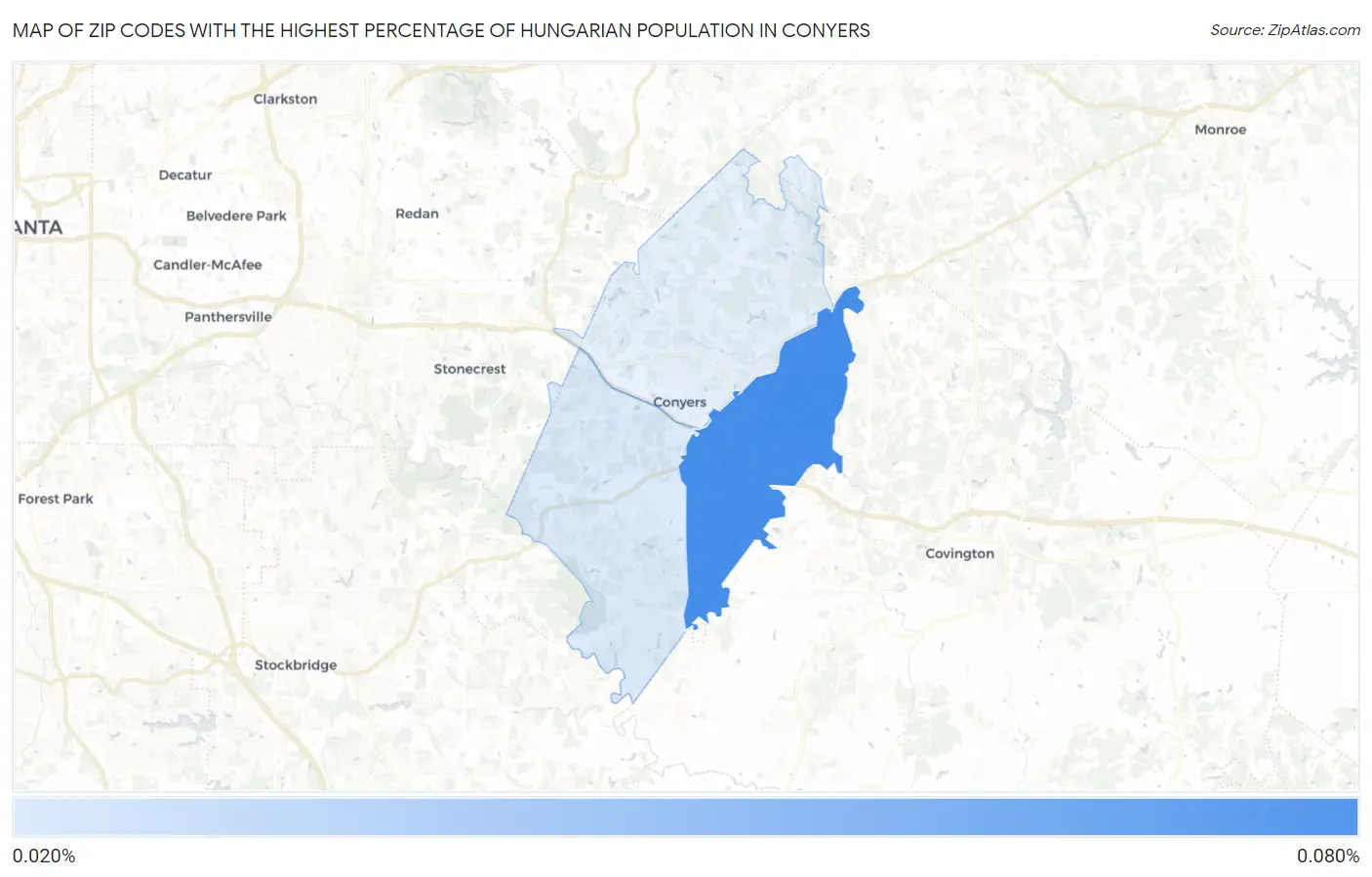 Zip Codes with the Highest Percentage of Hungarian Population in Conyers Map