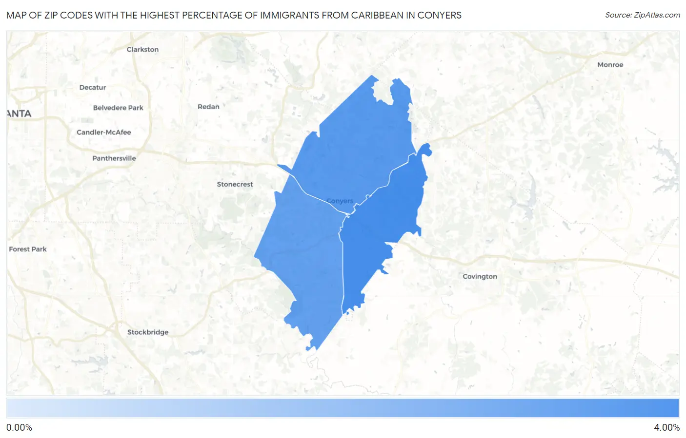 Zip Codes with the Highest Percentage of Immigrants from Caribbean in Conyers Map