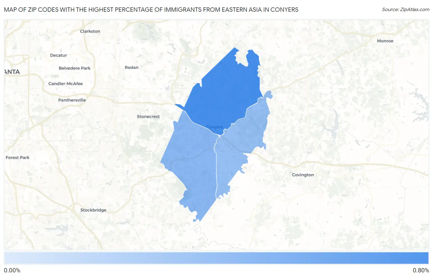 Zip Codes with the Highest Percentage of Immigrants from Eastern Asia in Conyers Map