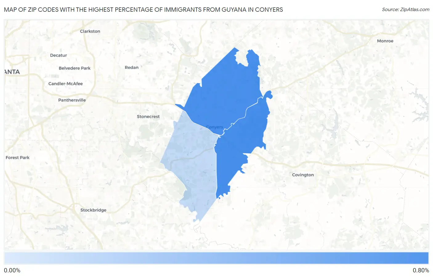 Zip Codes with the Highest Percentage of Immigrants from Guyana in Conyers Map